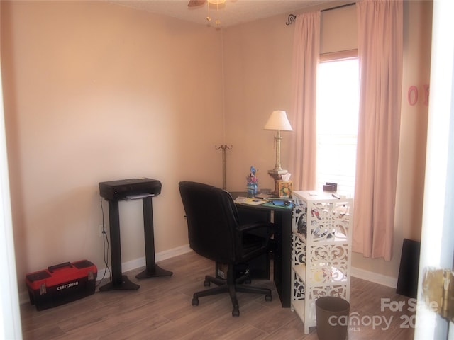 office featuring hardwood / wood-style flooring and ceiling fan