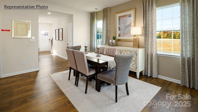 dining area with dark wood-type flooring and a wealth of natural light