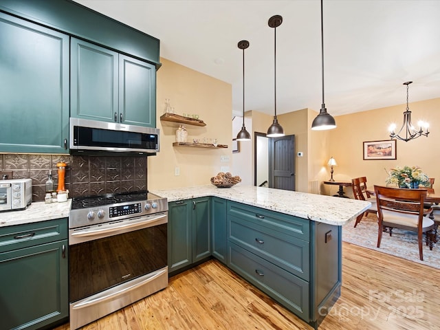 kitchen with kitchen peninsula, pendant lighting, stainless steel appliances, light hardwood / wood-style floors, and backsplash