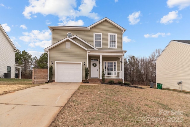 front of property featuring a garage, central AC unit, covered porch, and a front lawn