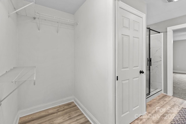 walk in closet with wood-type flooring and a barn door