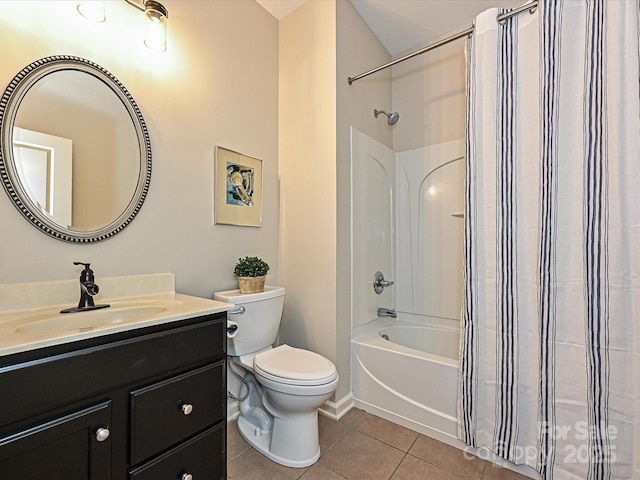 full bathroom featuring vanity, tile patterned floors, toilet, and shower / tub combo with curtain