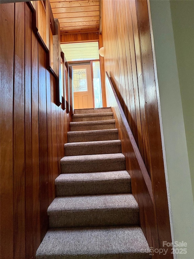 staircase with wooden ceiling and wood walls