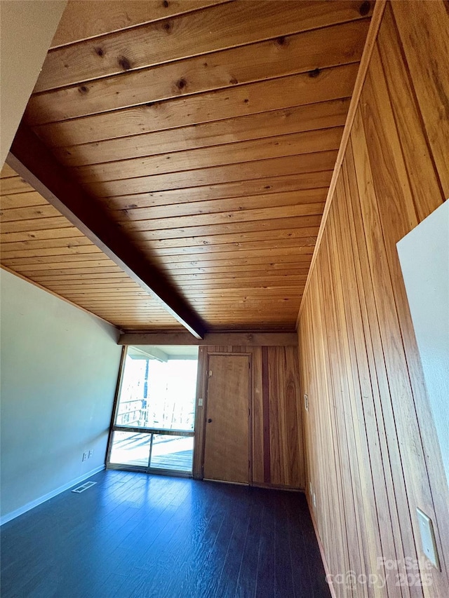 additional living space featuring wood ceiling, wooden walls, dark hardwood / wood-style flooring, and beam ceiling