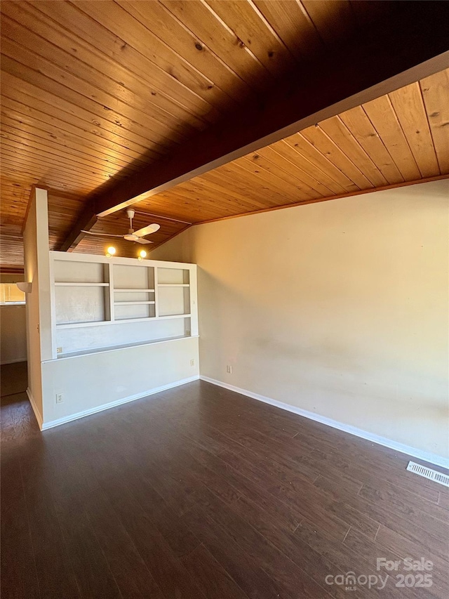 interior space with dark hardwood / wood-style flooring, wood ceiling, and beam ceiling