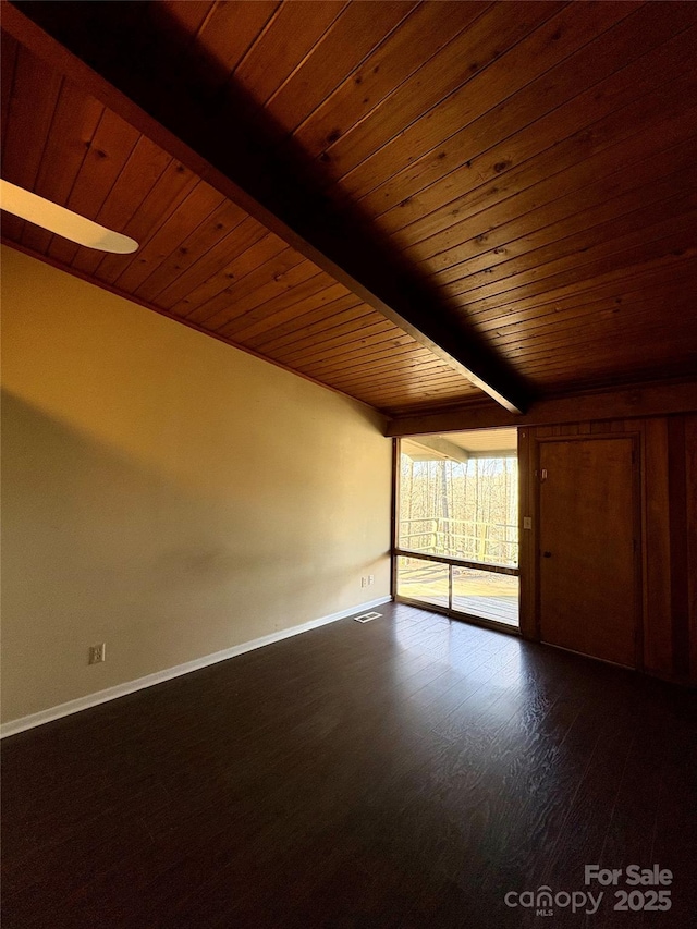 interior space with beamed ceiling, wood ceiling, and hardwood / wood-style floors