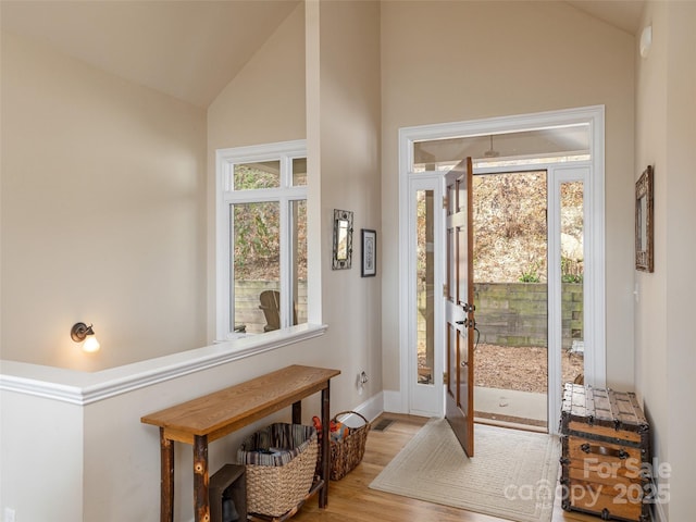 doorway featuring lofted ceiling, light hardwood / wood-style flooring, and a wealth of natural light