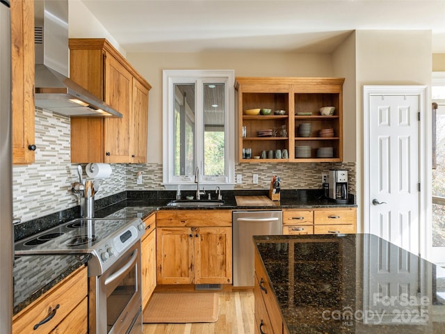 kitchen featuring appliances with stainless steel finishes, sink, backsplash, dark stone counters, and wall chimney exhaust hood