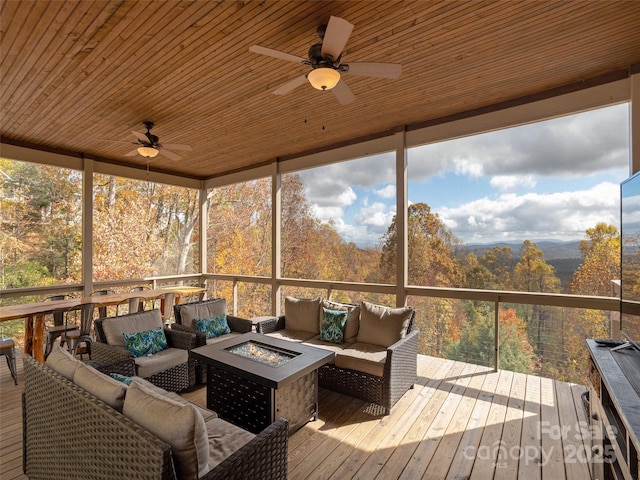 sunroom / solarium featuring ceiling fan and wooden ceiling