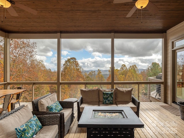 sunroom / solarium featuring wooden ceiling and ceiling fan