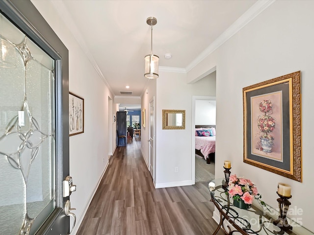 corridor featuring crown molding and dark hardwood / wood-style floors