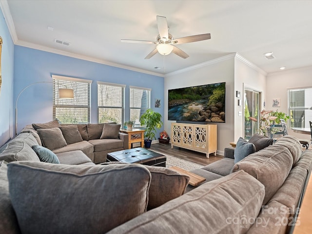 living room with ornamental molding, visible vents, a ceiling fan, and wood finished floors