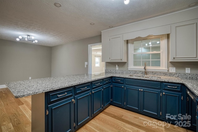 kitchen with blue cabinets, white cabinetry, sink, kitchen peninsula, and a textured ceiling