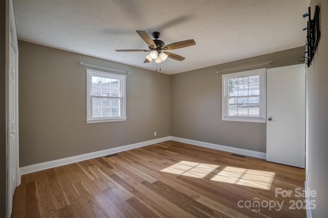 spare room with ceiling fan, a wealth of natural light, a textured ceiling, and light wood-type flooring