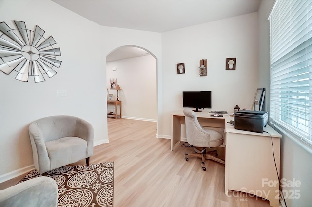 home office with light hardwood / wood-style floors