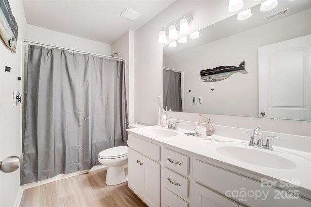 bathroom with wood-type flooring, vanity, and toilet