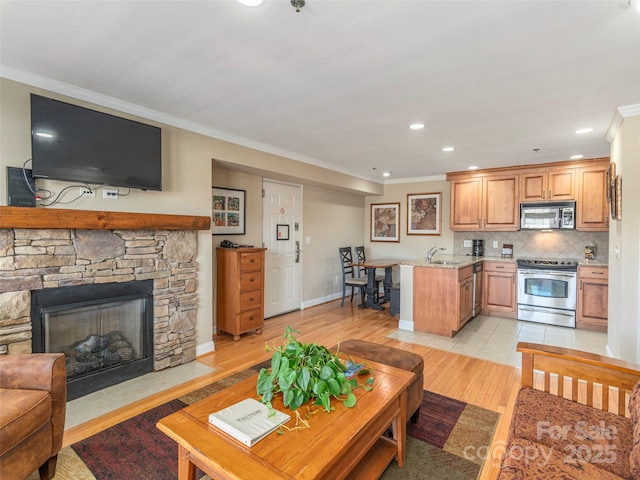 330 Bowling Park Rd, Asheville, NC 28803 - living room featuring ornamental molding, sink, a fireplace, and light wood-type flooring
