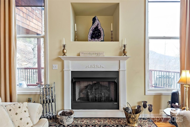 interior details with a mountain view and hardwood / wood-style flooring