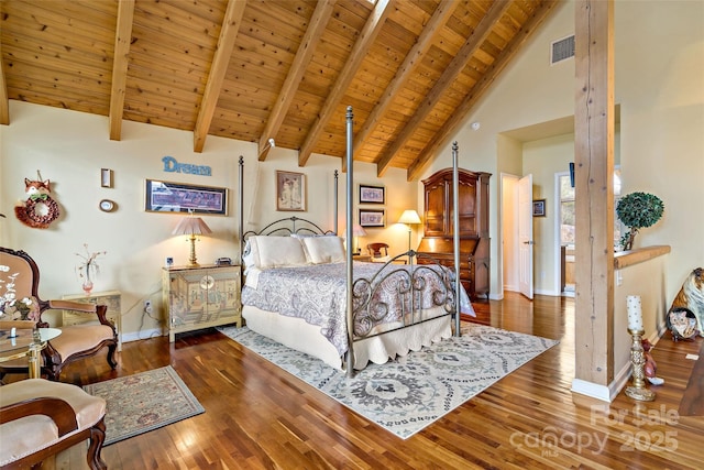 bedroom with high vaulted ceiling, wood-type flooring, wooden ceiling, and beamed ceiling