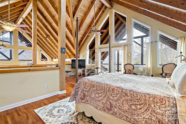 bedroom featuring lofted ceiling with beams, wood-type flooring, wooden ceiling, and ceiling fan