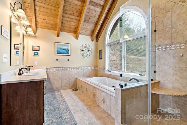 bathroom with wood ceiling, tile patterned flooring, vanity, lofted ceiling with beams, and separate shower and tub