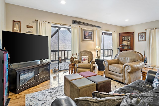 living room with plenty of natural light and light hardwood / wood-style flooring