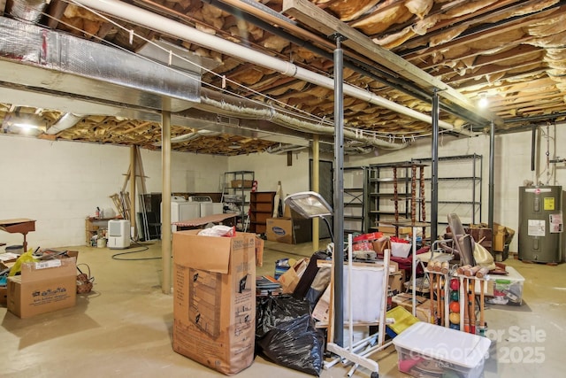 basement with washer and clothes dryer and electric water heater