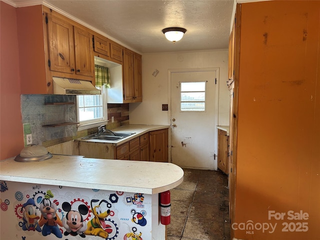 kitchen with tasteful backsplash, sink, ornamental molding, kitchen peninsula, and a textured ceiling