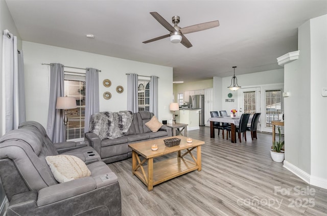 living room with ceiling fan and light wood-type flooring