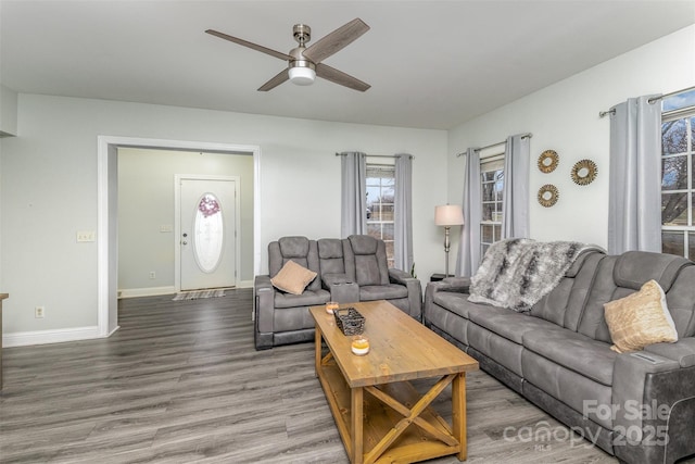 living room featuring ceiling fan and wood-type flooring