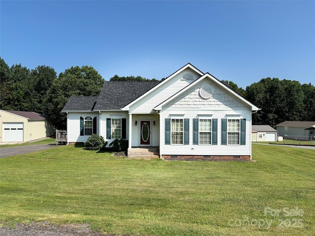 6328 W NC-10 Hwy, Hickory, NC 28602 - view of front facade featuring crawl space, a detached garage, a front yard, an outdoor structure, and asphalt driveway