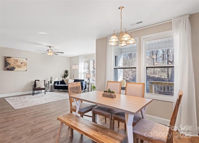 dining room with hardwood / wood-style floors, ceiling fan with notable chandelier, and a wealth of natural light