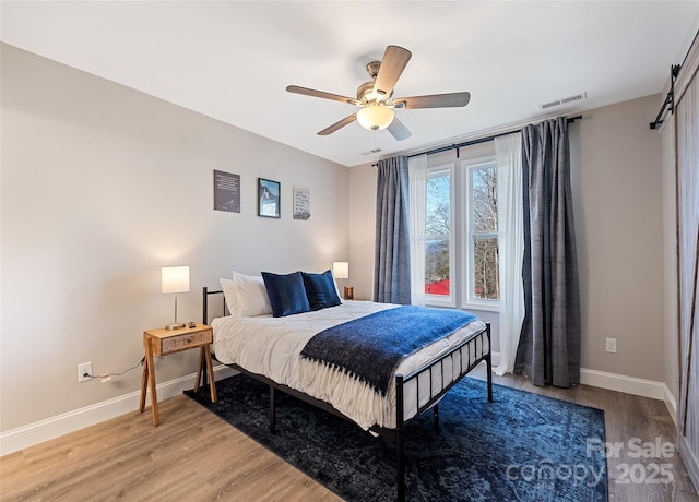 bedroom with hardwood / wood-style floors and ceiling fan