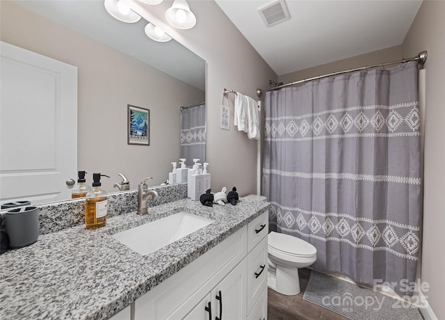 bathroom with vanity, wood-type flooring, curtained shower, and toilet