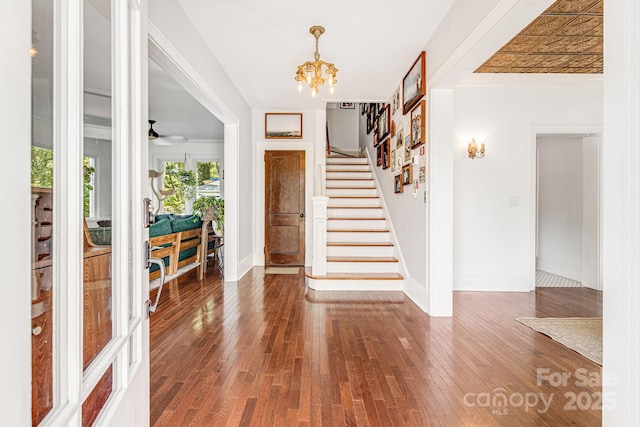 foyer with dark wood-type flooring and an inviting chandelier