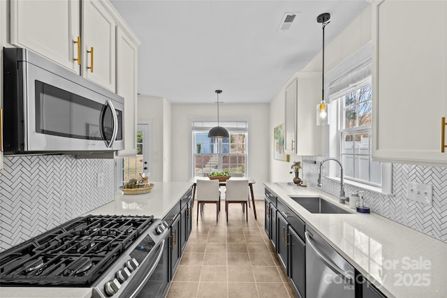 kitchen with white cabinetry, appliances with stainless steel finishes, sink, and pendant lighting