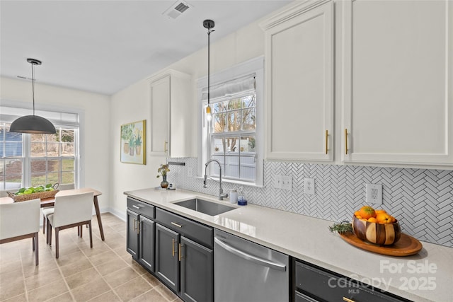 kitchen featuring tasteful backsplash, white cabinetry, sink, hanging light fixtures, and stainless steel dishwasher