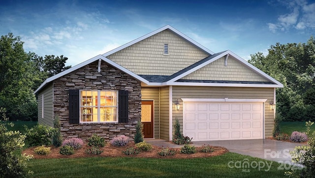 view of front of property featuring a garage, stone siding, and concrete driveway