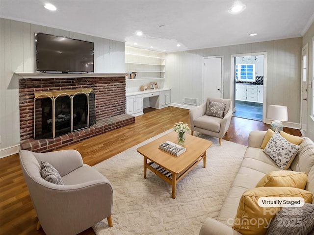 living room featuring a fireplace and light hardwood / wood-style flooring