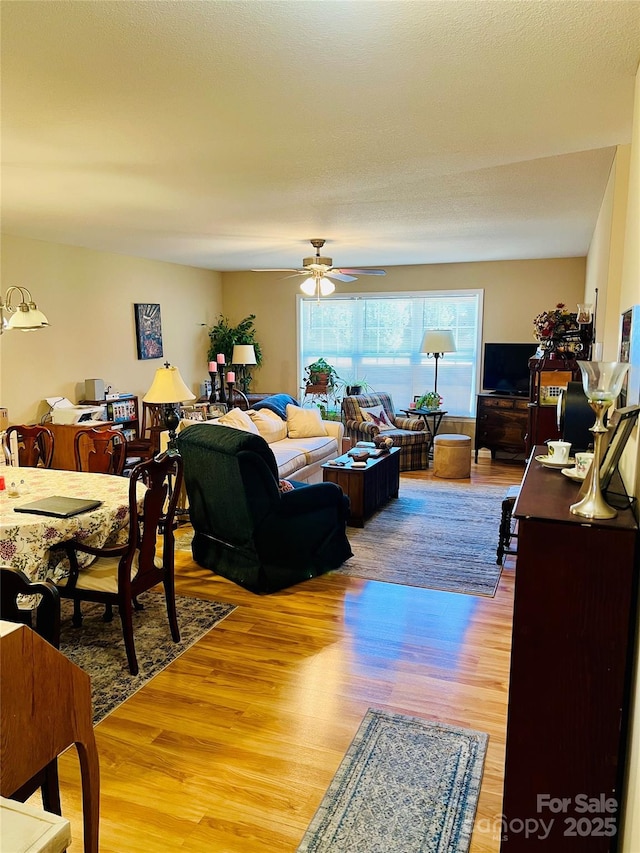 living room with light hardwood / wood-style flooring and ceiling fan