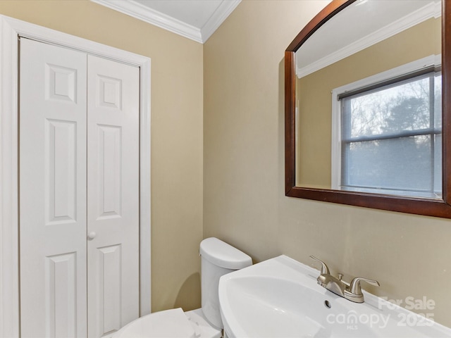 bathroom featuring crown molding, sink, and toilet