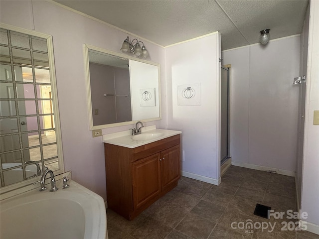 bathroom with independent shower and bath and vanity