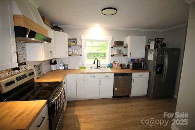 kitchen featuring butcher block counters, sink, dark hardwood / wood-style floors, stainless steel appliances, and white cabinets