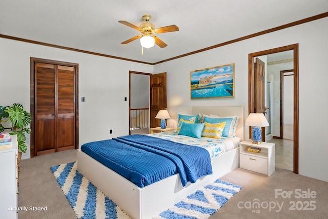 bedroom featuring ceiling fan, carpet floors, ornamental molding, and a closet