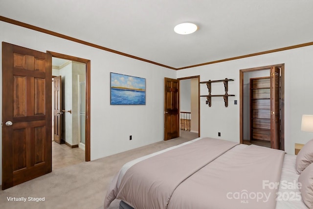 bedroom featuring light carpet and crown molding