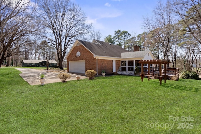 view of side of property featuring brick siding, a chimney, concrete driveway, a lawn, and a garage