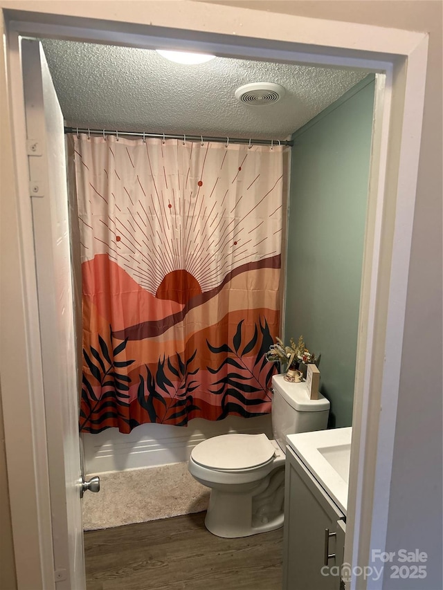 bathroom featuring vanity, toilet, wood-type flooring, and a textured ceiling