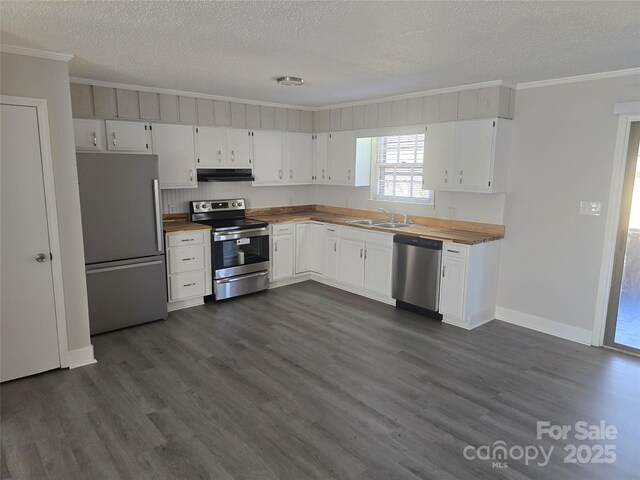 kitchen featuring sink, ornamental molding, stainless steel appliances, and white cabinets