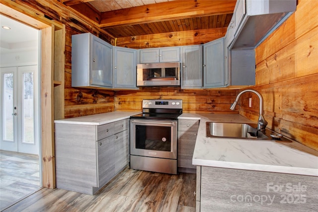 kitchen featuring sink, wood ceiling, gray cabinetry, wooden walls, and stainless steel appliances