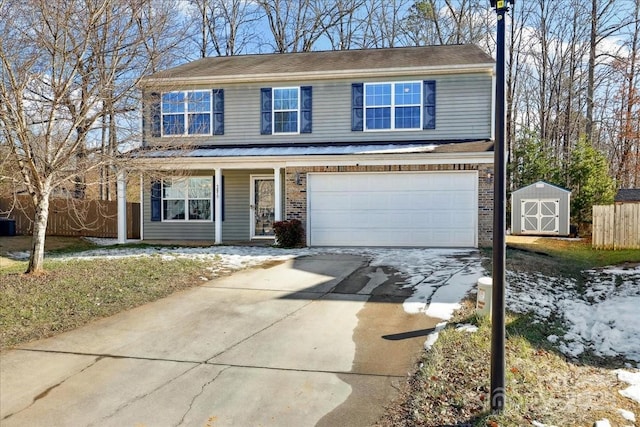 front facade with a garage and a storage unit